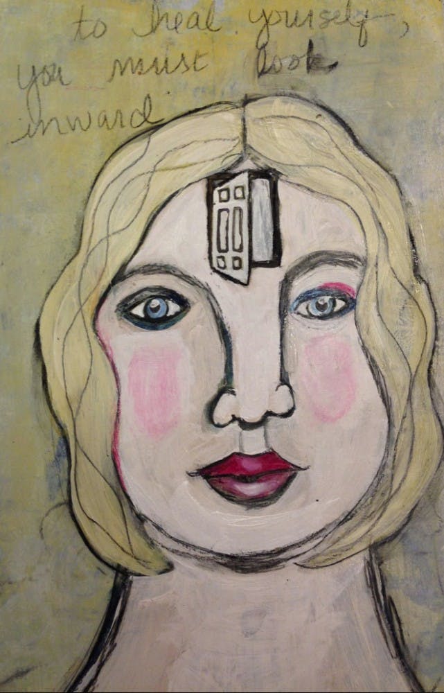 Artwork by Kristen Rexter pairs with poem, titled "Hoping To Find Me," written by a patient who participated in the U.Va. Cancer Center workshop.