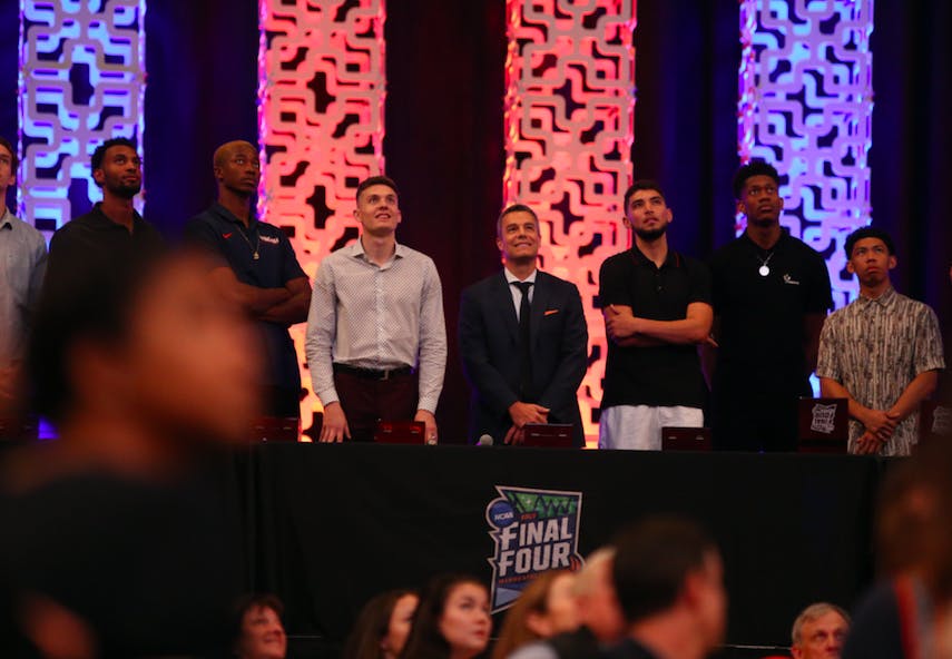 The national championship banner went up into the rafters Friday night.