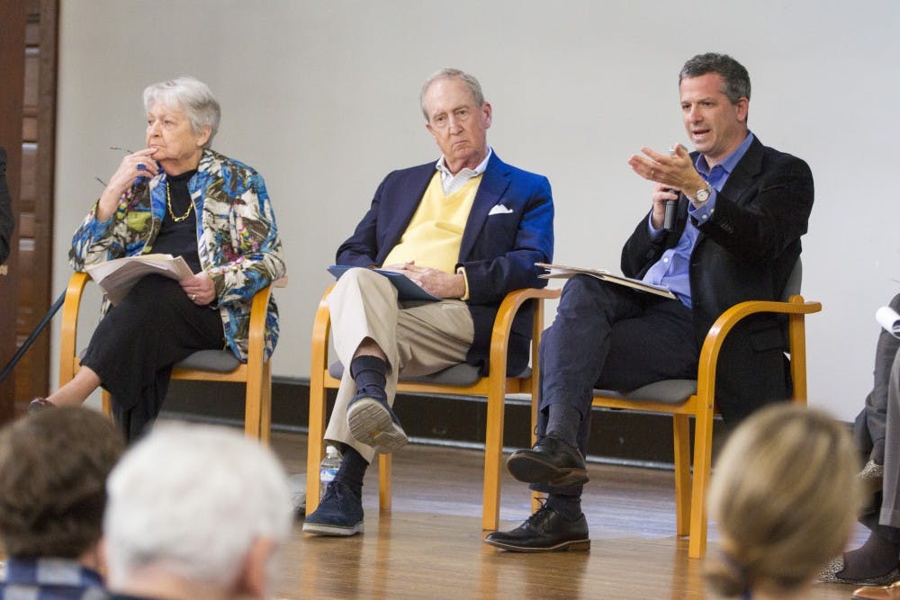 (From left) Panelists Joan MacCallum, George Gilliam and Rich Schragger at the event.&nbsp;