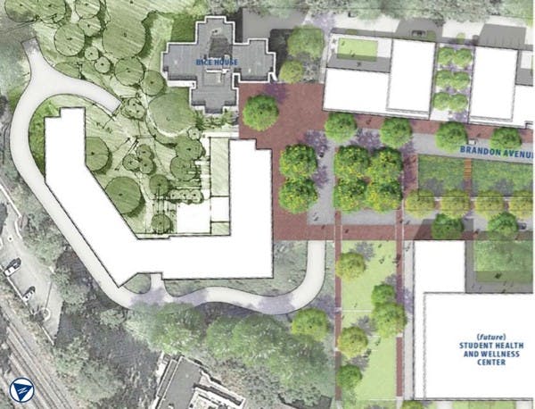 Landscape plan for the Brandon Avenue upperclassmen residence hall presented to the Board.