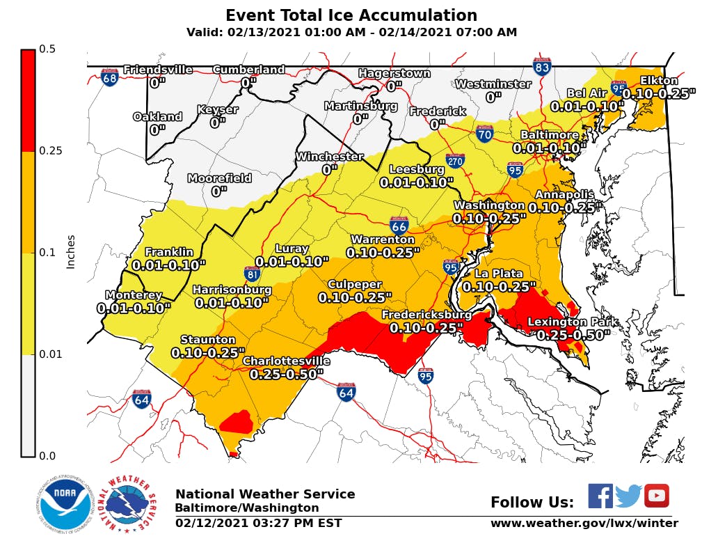 The Winter Storm Warning calls for around a quarter-inch of ice.