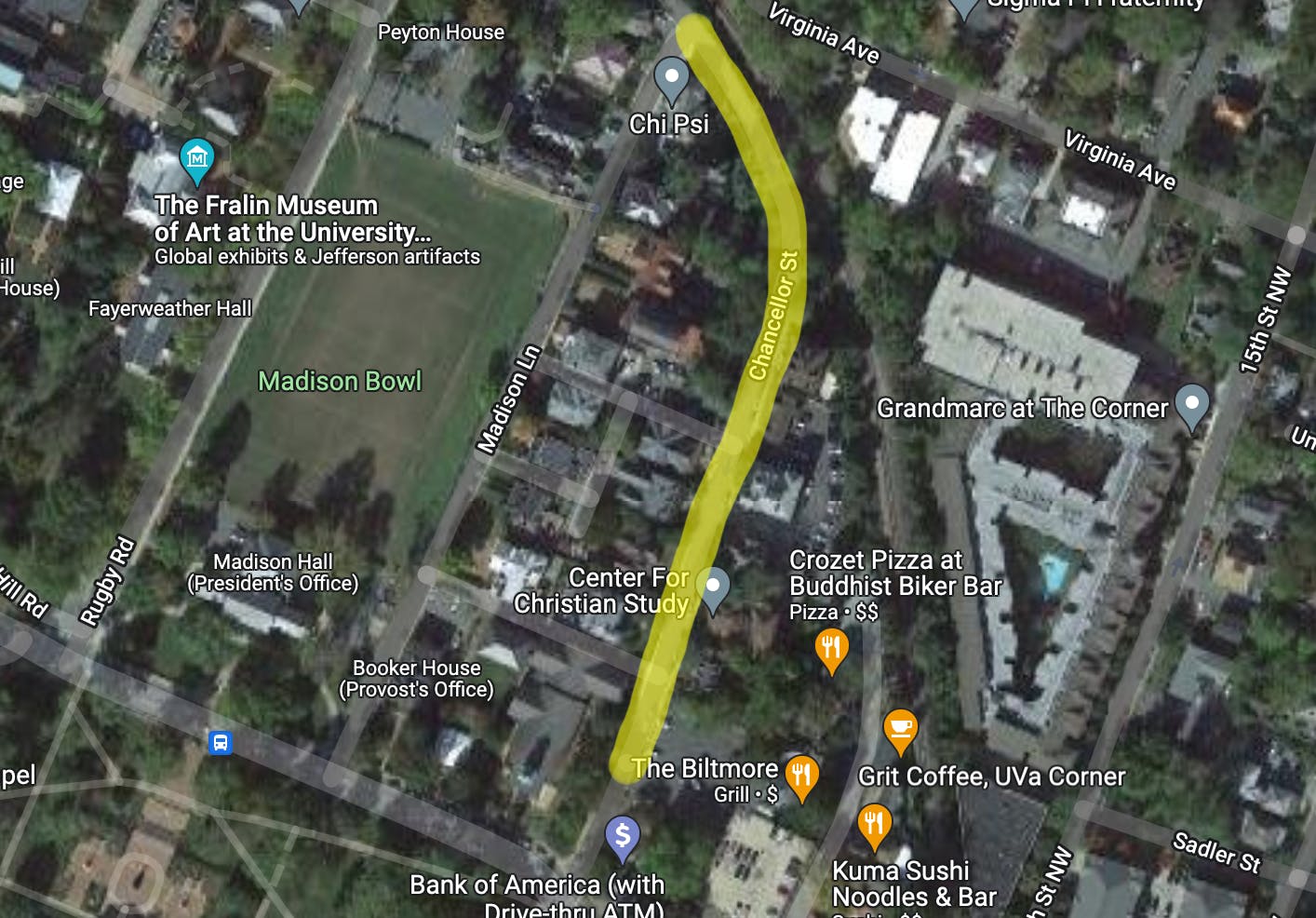 Chancellor St. is located between Grandmarc Apartments and the east side of Mad Bowl, and runs parallel to Elliewood Ave.&nbsp;