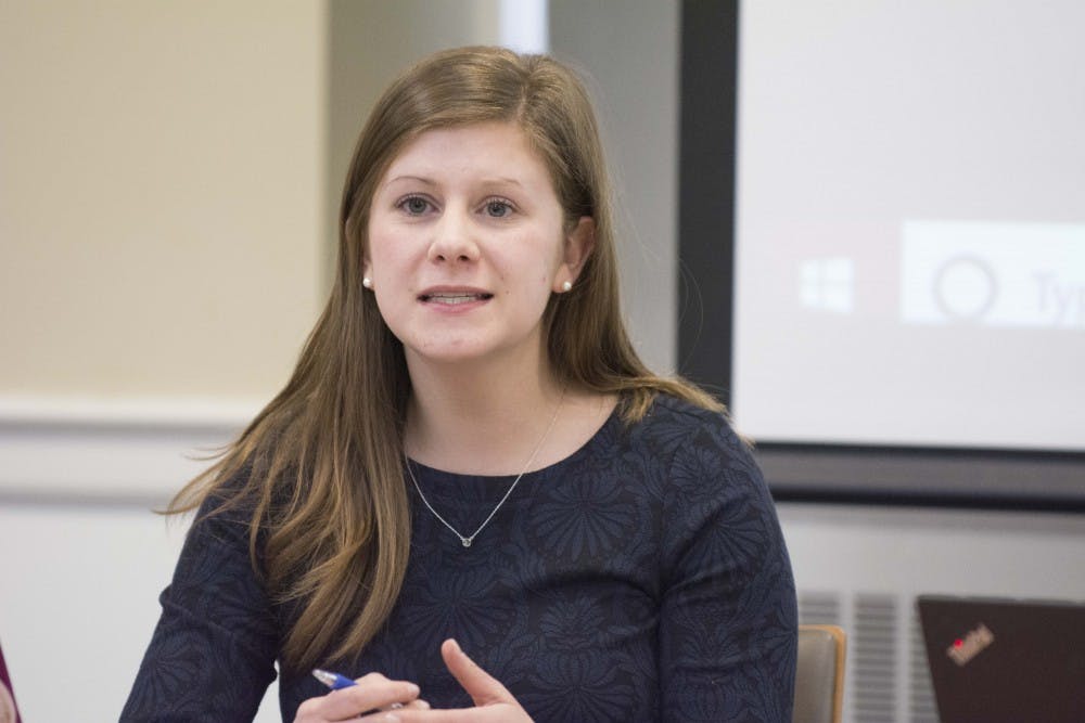 <p>Sarah Kenny, a fourth-year College Student and Student Council president, co-sponsored the Housing Justice Conference bill.</p>
<p><br></p>