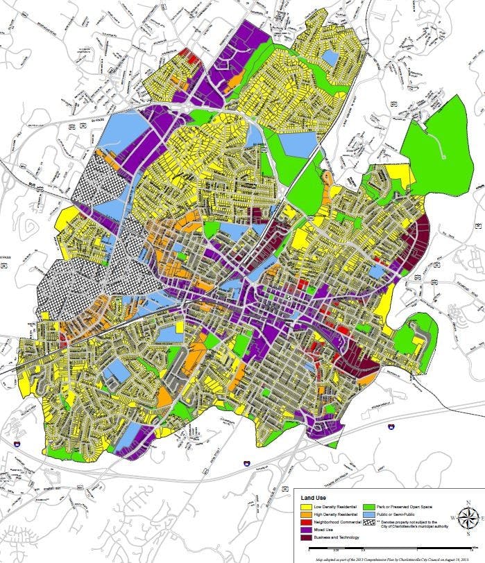 A land use map of the City of Charlottesville from the 2013 comprehensive plan showing the different areas of proposed development types in the City.&nbsp;