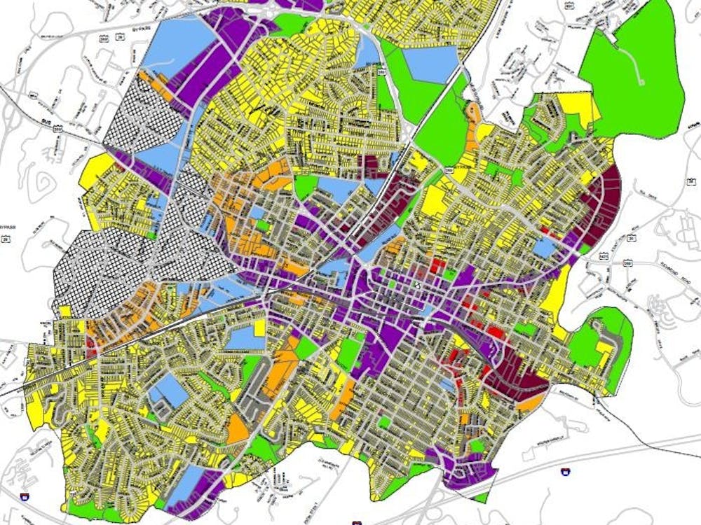 A land use map of the City of Charlottesville from the 2013 comprehensive plan showing the different areas of proposed development types in the City.&nbsp;