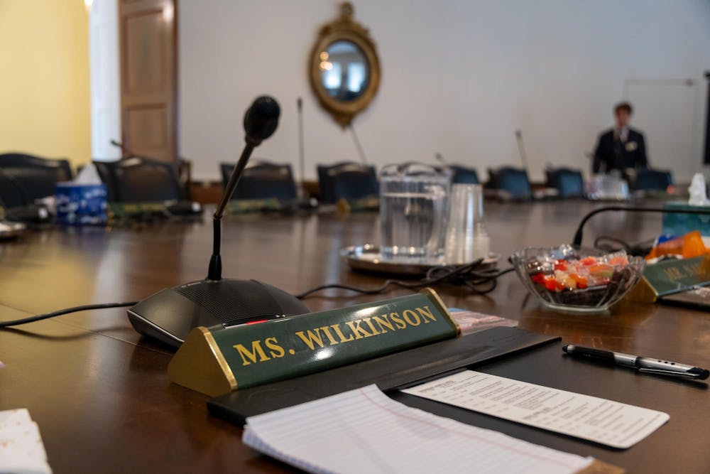Vice Rector Wilkinson's nameplate in the Board of Visitors' meeting room, photographed June 6, 2025. 
