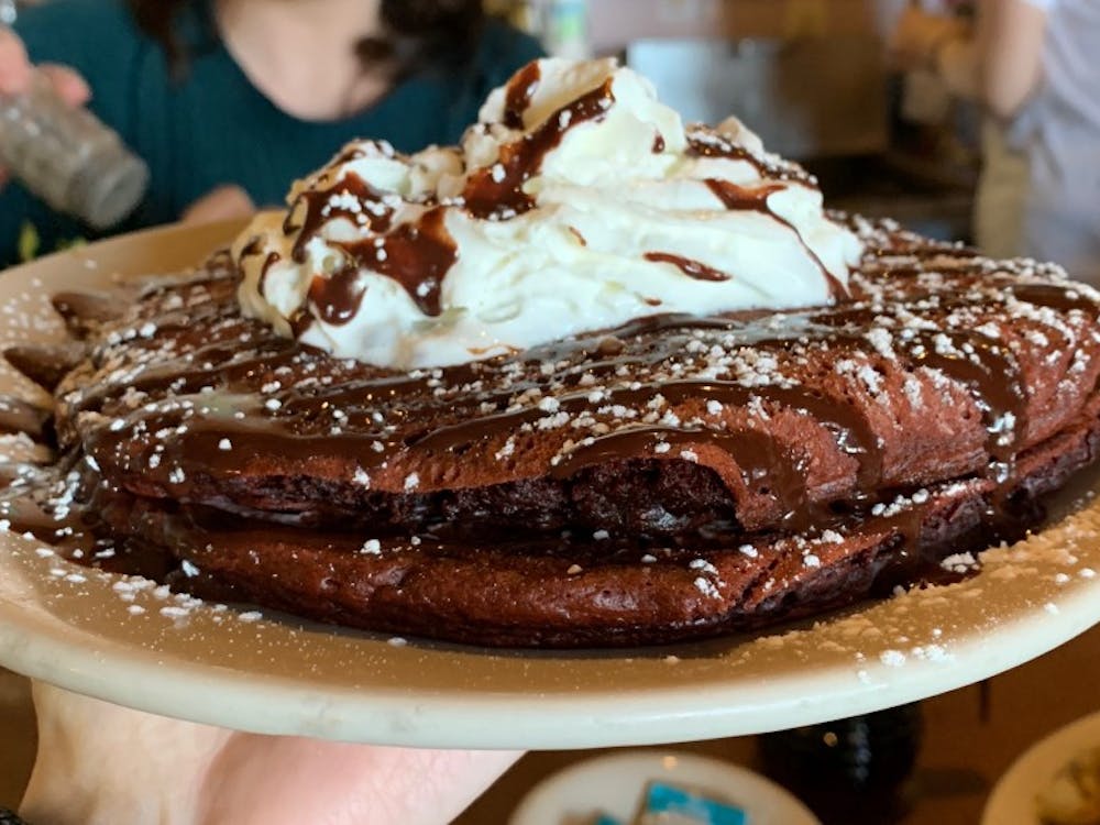 Bluegrass Grill &amp; Bakery has red velvet pancakes topped with cherry cream cheese and chocolate syrup for their February specials — perfect for your Galentine's Day.&nbsp;