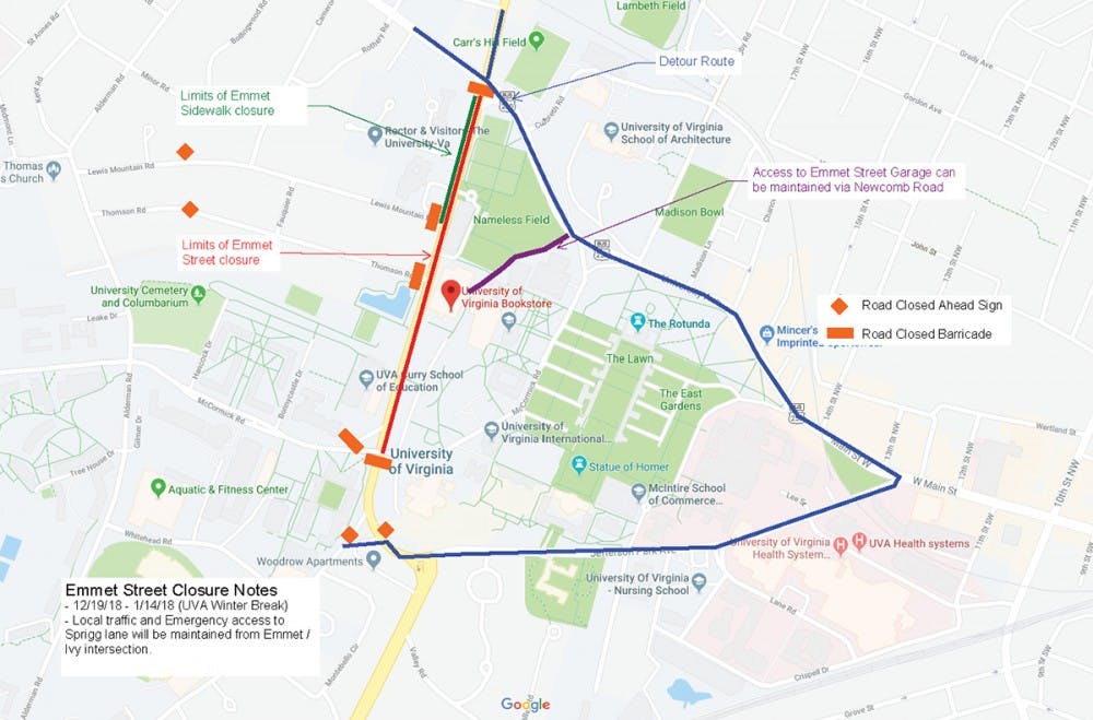<p>A detour will be set up around the work zone, spanning University Ave. to the intersection with Jefferson Park Ave. and continuing to the intersection of Emmet Street on the south side of McCormick Road Bridge.</p>