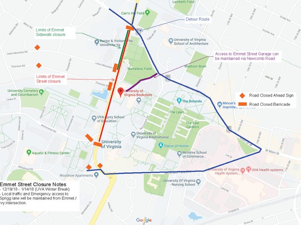 A detour will be set up around the work zone, spanning University Ave. to the intersection with Jefferson Park Ave. and continuing to the intersection of Emmet Street on the south side of McCormick Road Bridge.