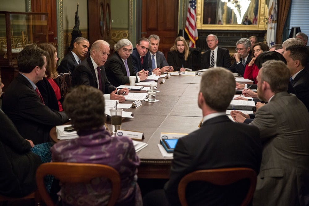 President Barack Obama and Vice President Joe Biden participate in a meeting with the White House Cancer Moonshot Task Force in the Vice President’s Ceremonial Office in the Eisenhower Executive Office Building of the White House, Feb. 1, 2016. (Official White House Photo by Pete Souza)