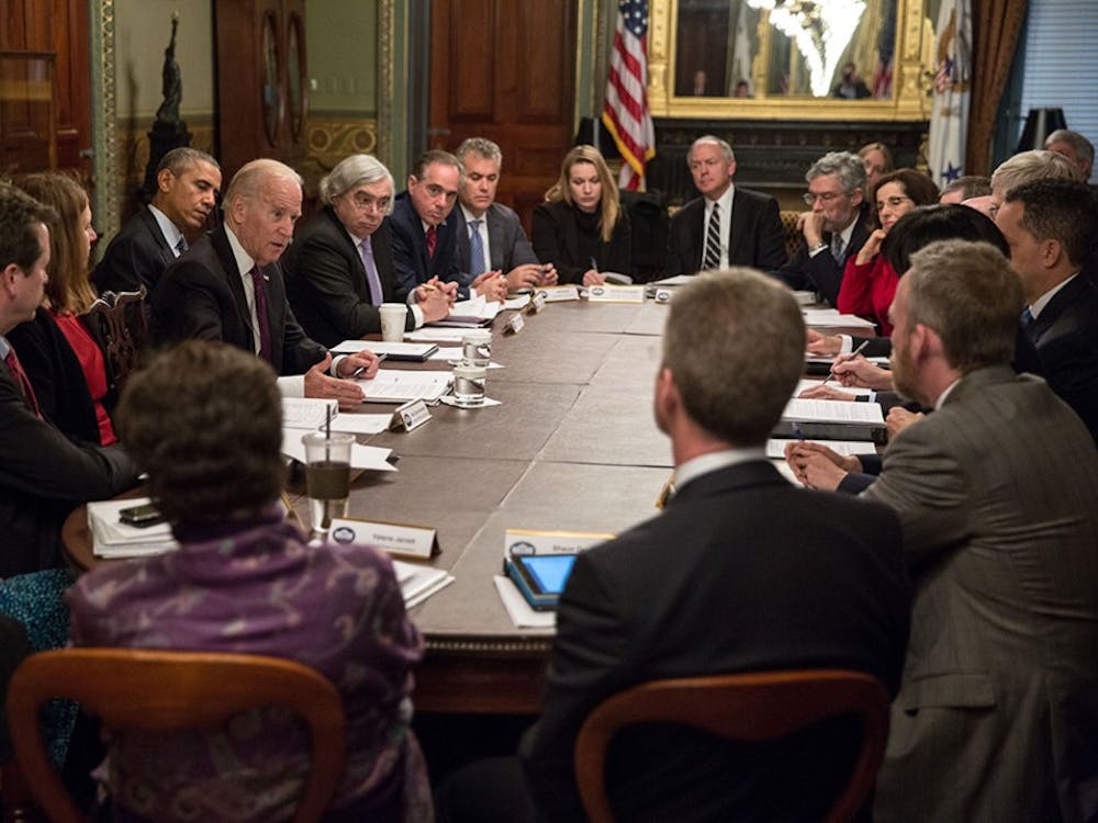 President Barack Obama and Vice President Joe Biden participate in a meeting with the White House Cancer Moonshot Task Force in the Vice President’s Ceremonial Office in the Eisenhower Executive Office Building of the White House, Feb. 1, 2016. (Official White House Photo by Pete Souza)