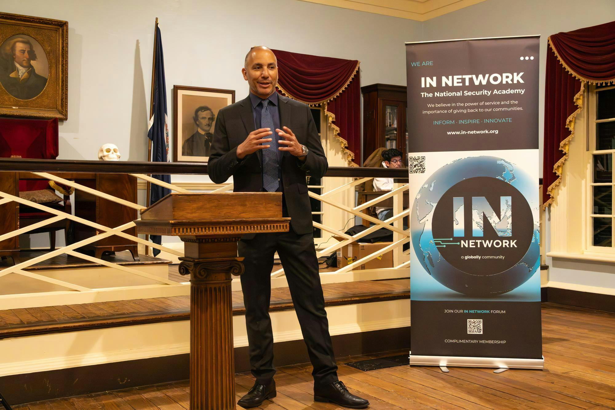 The Jefferson Literary and Debating Society hosts Dexter Ingram, former State Department official and counterterrorism operative involved in the operations against ISIS, Nov. 14, 2025.