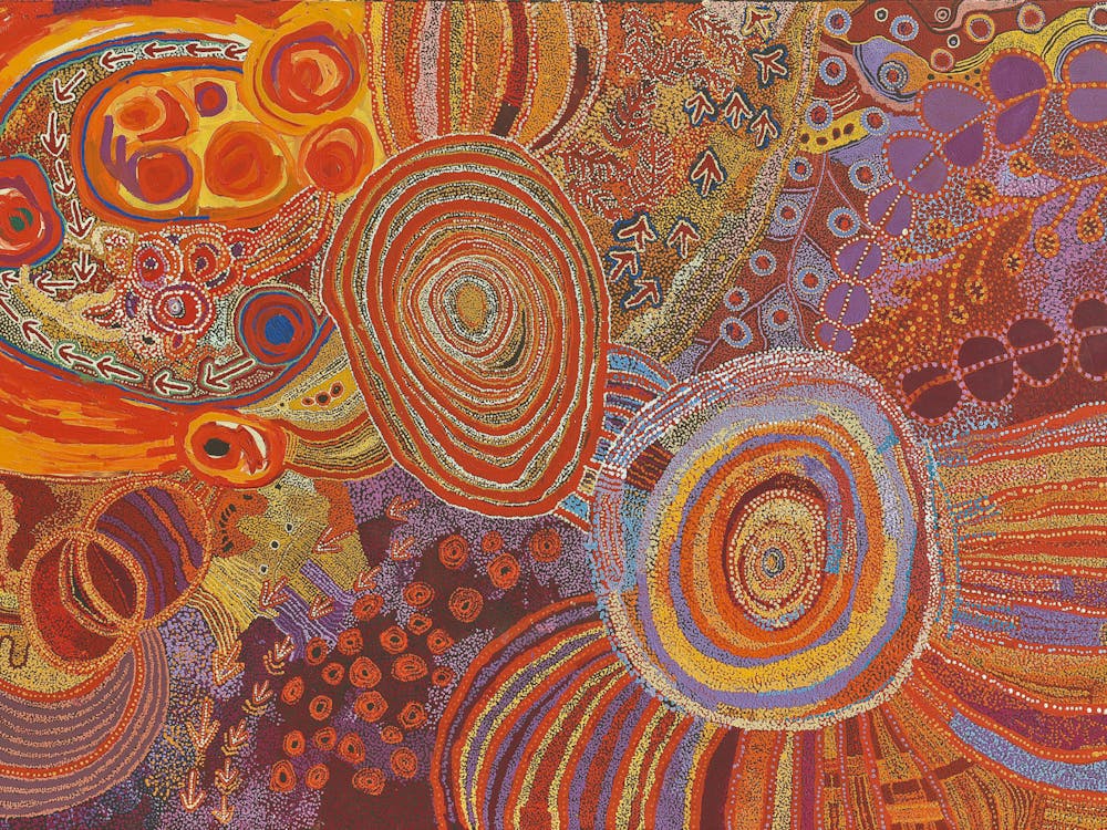 The centerpiece of "From Little Things Big Things Grow" is a collaboration from 13 women artists entitled Nganampa Ngura, Our Country 2013. 