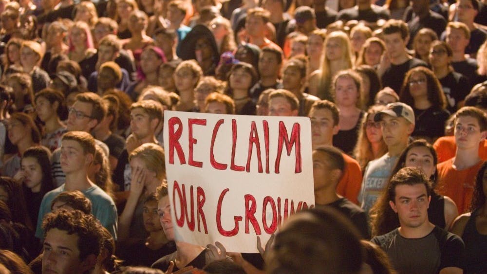 Students gather on the Lawn during the BSA's march to reclaim Grounds.&nbsp;