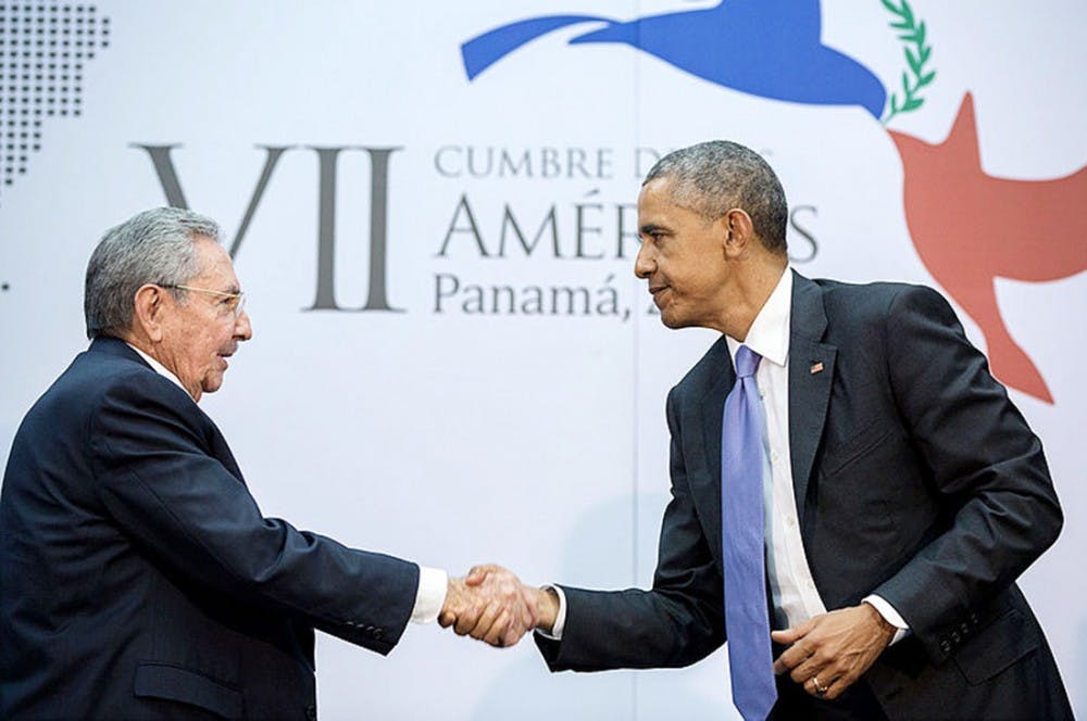 <p>Obama officially met Cuban President Raul Castro in Panama City, Panama, in April&nbsp;2015.</p>
