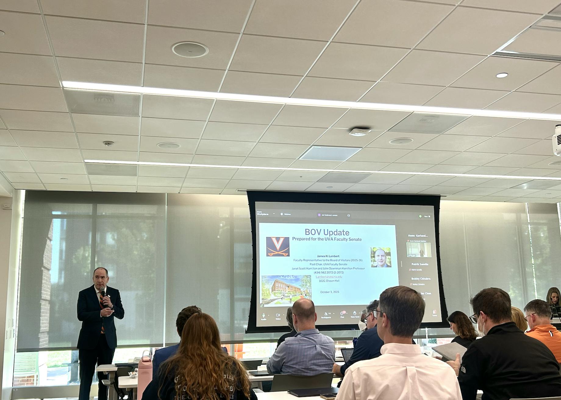 Jim Lambert, faculty representative to the Board of Visitors, speaks at the Faculty Senate meeting, photographed Oct. 3, 2025. 