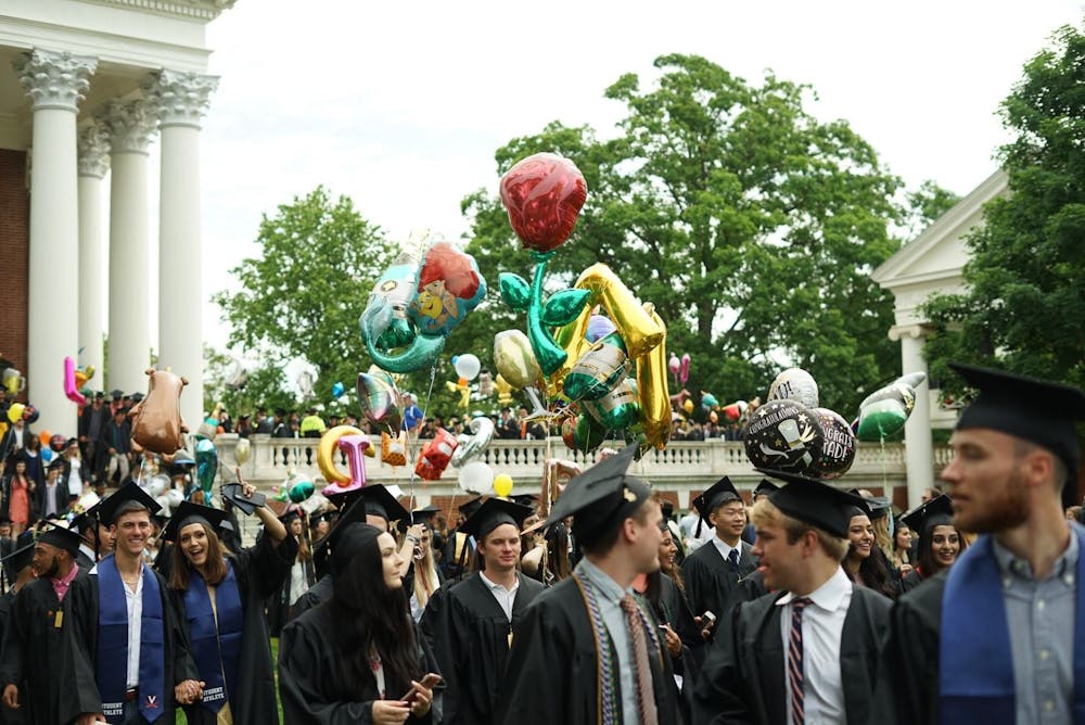 During Final Exercises, the graduating classes lines up around the Rotunda for a procession down the Lawn. 