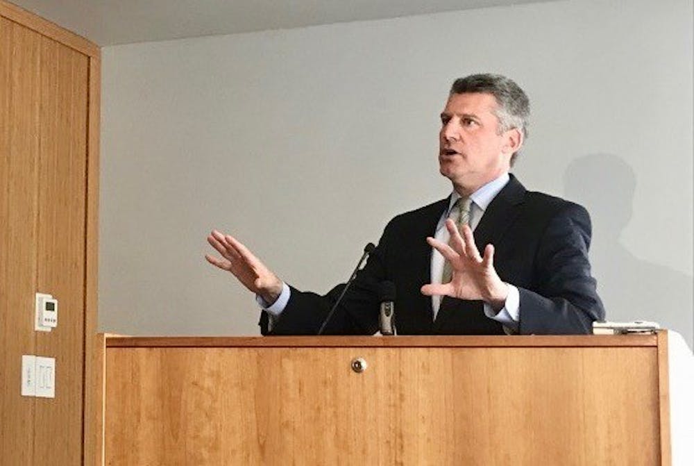 <p>Former U.S. Attorney Tim Heaphy was tasked with leading an independent review of how officials responded to the white supremacist events in Charlottesville in the summer of 2017. Pictured: Heaphy speaking at a press conference in December 2017. &nbsp;</p>