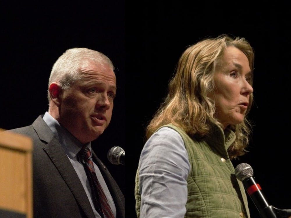 Republican Denver Riggleman (Left) and Democrat Leslie Cockburn (Right) speak during Monday night's debate at Piedmont Virginia Community College.&nbsp;