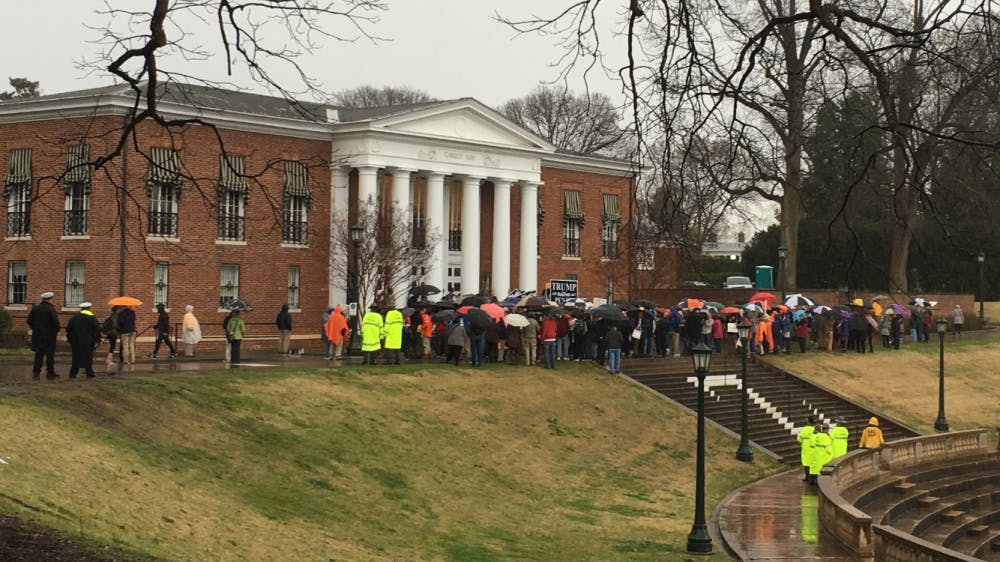 <p>Both opponents and supporters of Garrett and President Trump gathered on the steps outside of Garrett Hall.</p>