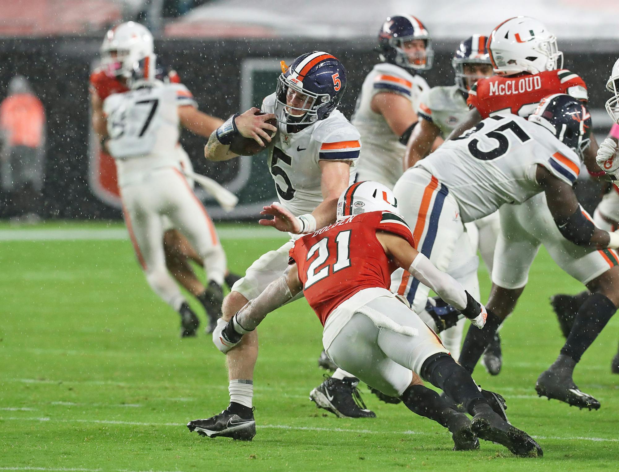 Sophomore quarterback Brennan Armstrong had a quick start to the game, leading Virginia on a 64-yard touchdown drive, but faltered late under slippery conditions.&nbsp;