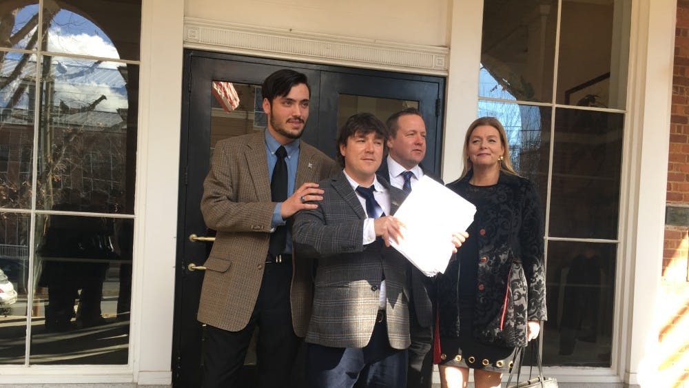 From left to right:&nbsp;Isaac Smith, Jason Kessler,&nbsp;Corey Stewart and Stewart's wife, Maria Stewart, outside of Charlottesville City Circuit Court.&nbsp;