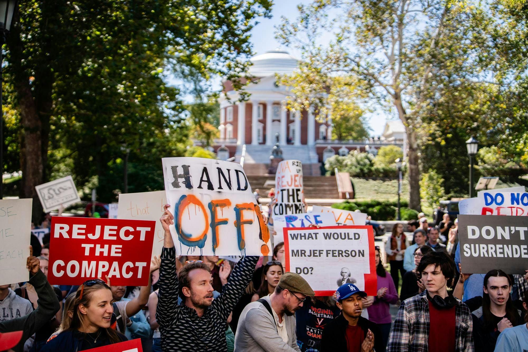 Protesters gather outside Madison Hall, photographed Oct. 17, 2025. 