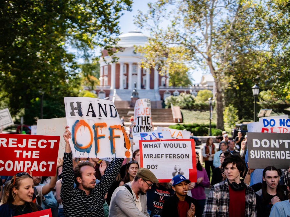 Protesters gather outside Madison Hall, photographed Oct. 17, 2025.