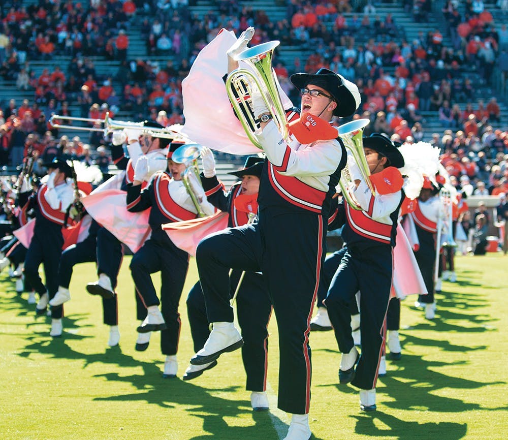 Members of the Cavalier Marching Band, which was established 12 years ago, prepare musical selections and perform for each home football game. The band emphasizes student leadership and community among its members.
