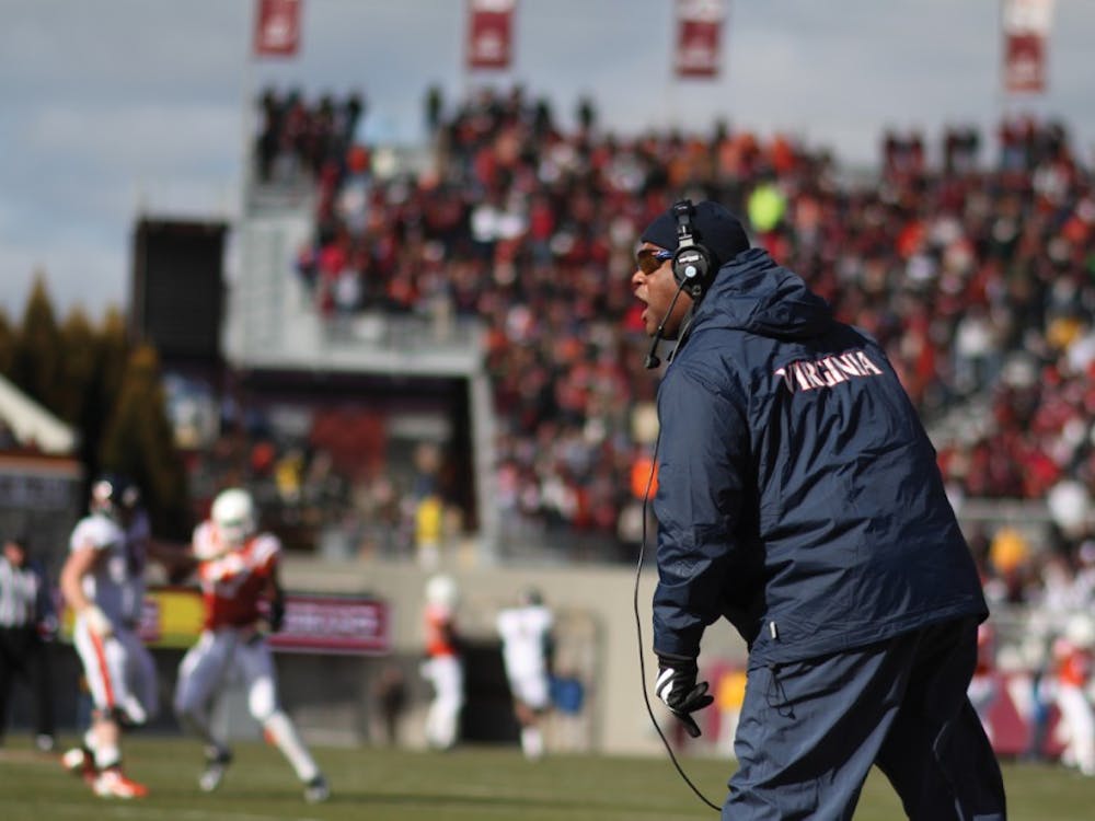 Virginia head coach Mike London yells towards the referee's after a no-call in the second quarter.