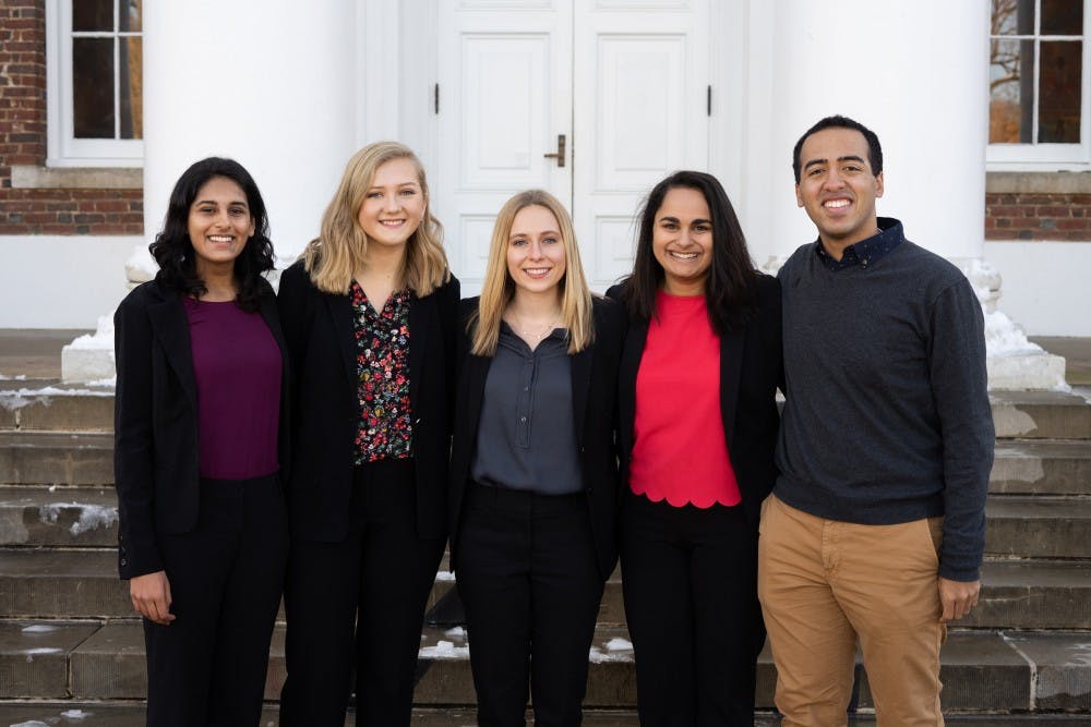<p>Members of the 130th Managing Board (from left to right): Aisha Singh will serve as operations manager, Abby Clukey as managing editor, Gracie Kreth as editor-in-chief, Sonia Gupta as chief financial officer and Jacob Asch as executive editor.</p>