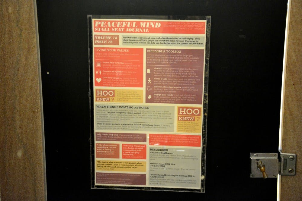 The Stall Seat Journal is hung inside bathroom stalls across Grounds.