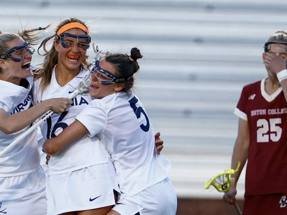Freshman attacker Madison Alaimo celebrates her game-winning overtime goal for the Cavaliers.