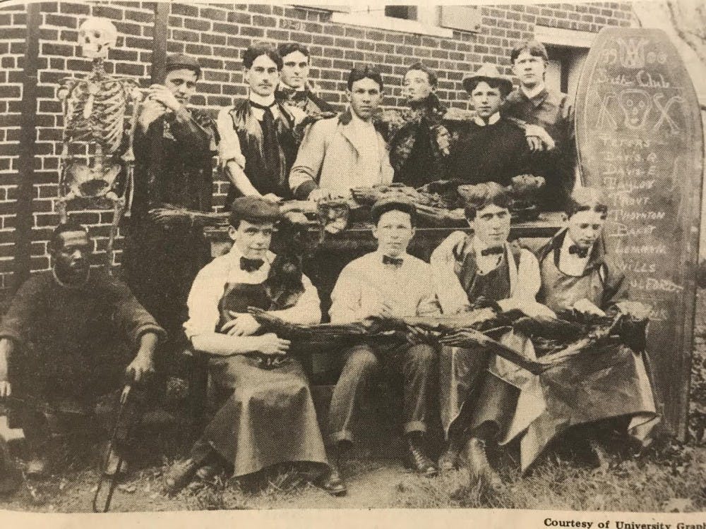 University medical students pose with specimens from Anatomical Hall, 1900
