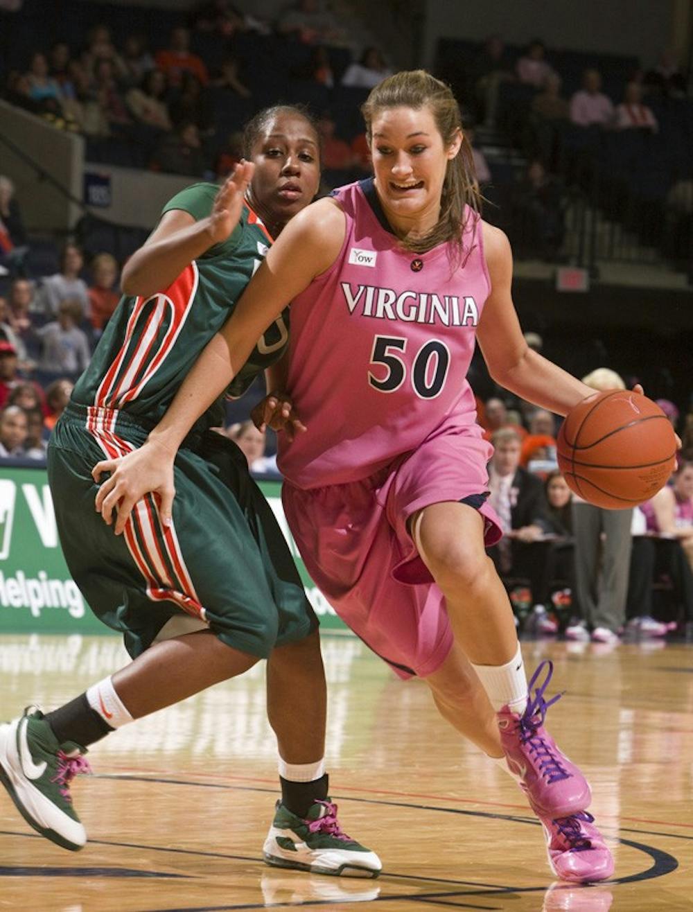 Virginia forward Chelsea Shine (50) in action against Miami.  The #21 ranked Virginia Cavaliers defeated the Miami Hurricanes 85-74 in overtime at the John Paul Jones Arena in Charlottesville, VA on February 19, 2009.