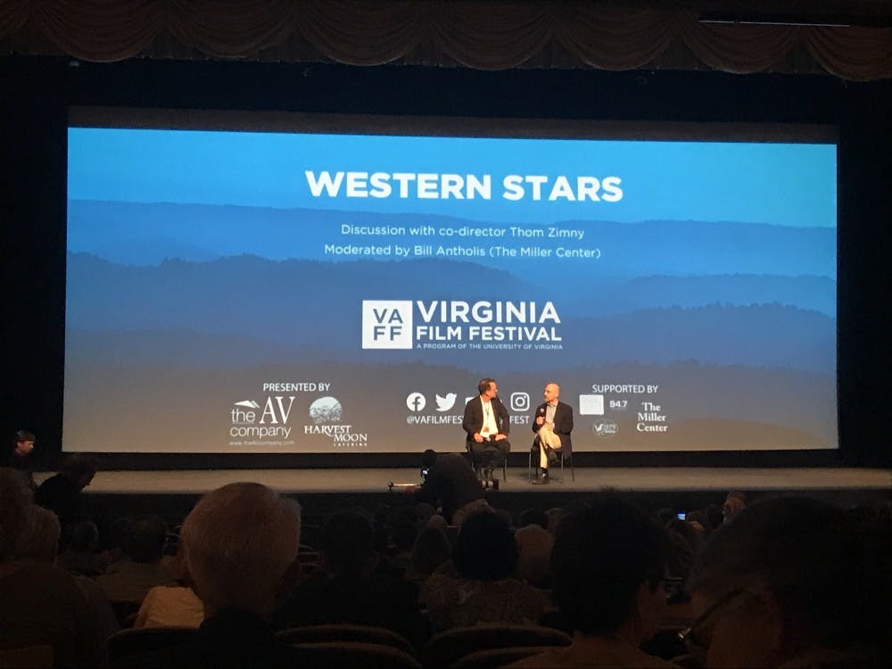 Co-director of "Western Stars" Thomas Zimny spoke on stage with Miller Center Director William Antholis following the screening.&nbsp;