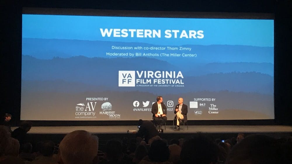 Co-director of "Western Stars" Thomas Zimny spoke on stage with Miller Center Director William Antholis following the screening.&nbsp;