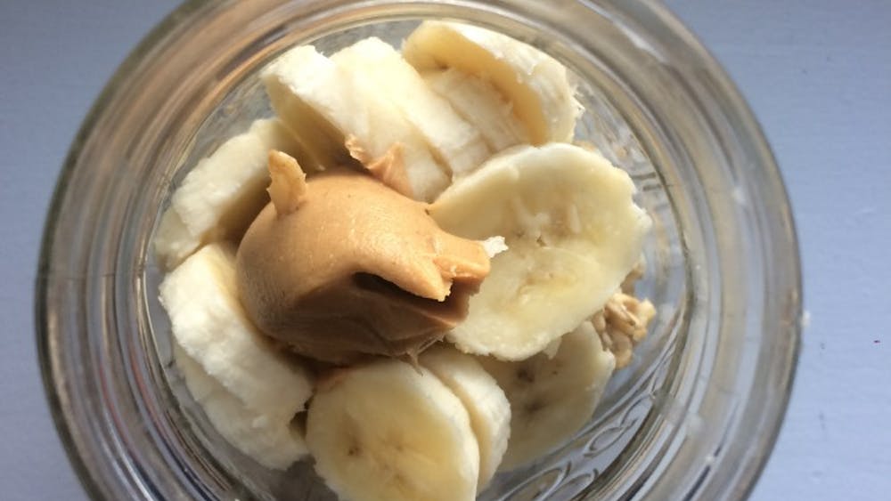 Overnight oats can can be made the night before and will help curb mid-morning cravings because it is full of protein. This recipe includes peanut or almond butter, banana and much more.