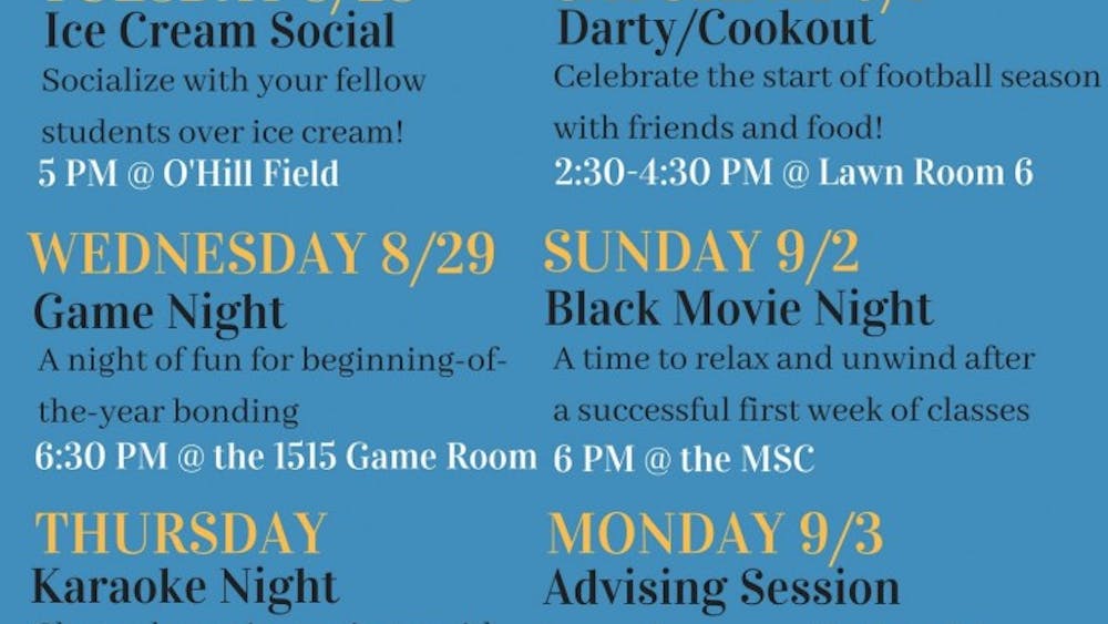 A week of events begins with an ice cream social Tuesday and ends the following Monday with an advising session.