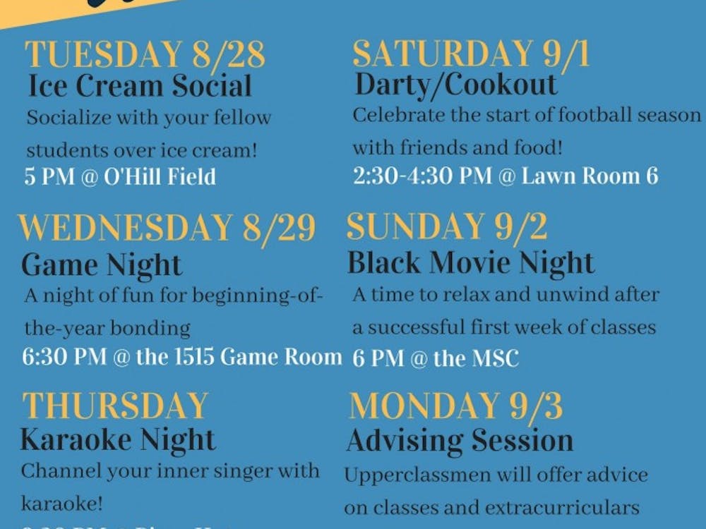 A week of events begins with an ice cream social Tuesday and ends the following Monday with an advising session.