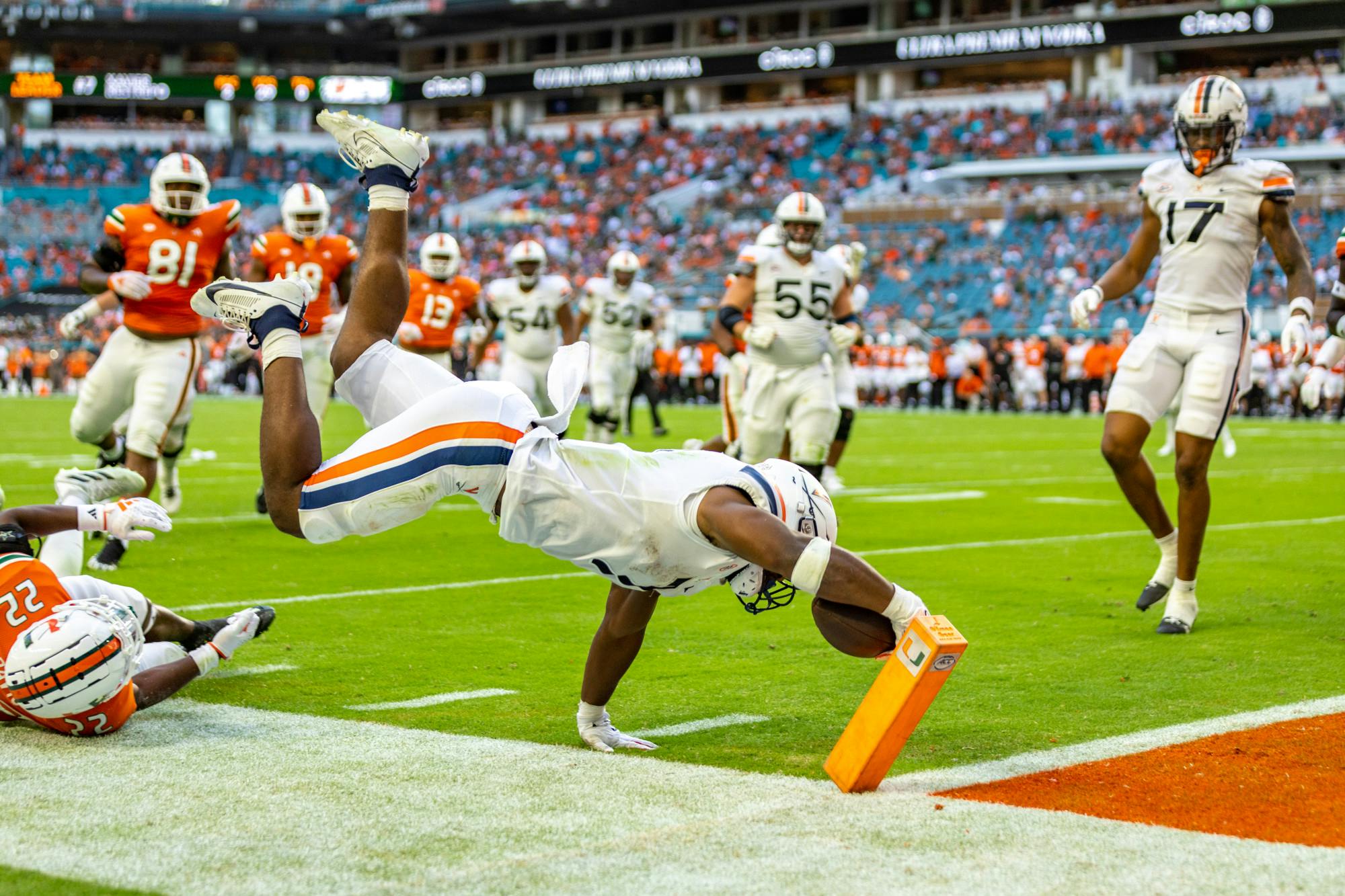 Mike Hollins found the end zone early and often, scoring two touchdowns for the Cavaliers.