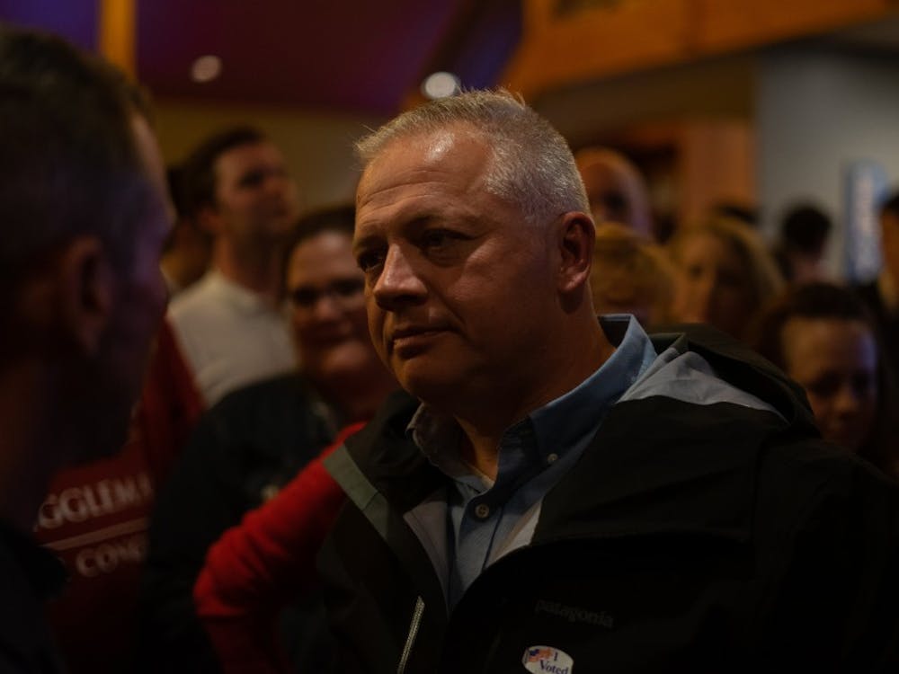 Republican Denver Riggleman speaks with supporters Tuesday night at the Blue Mountain Brewery after delivering his victory speech.&nbsp;