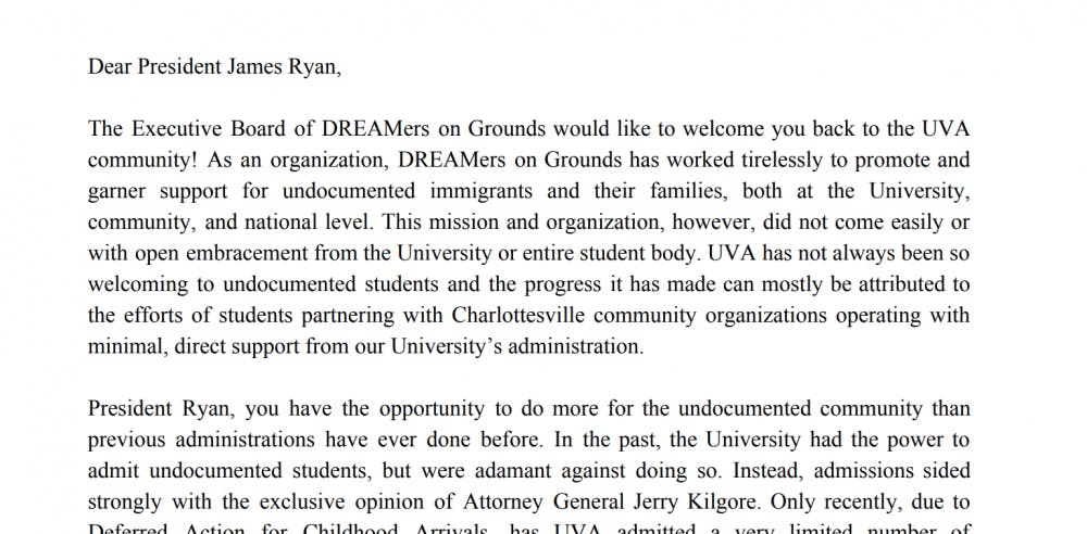 DREAMers on Grounds sent the letter on Nov. 19.&nbsp;