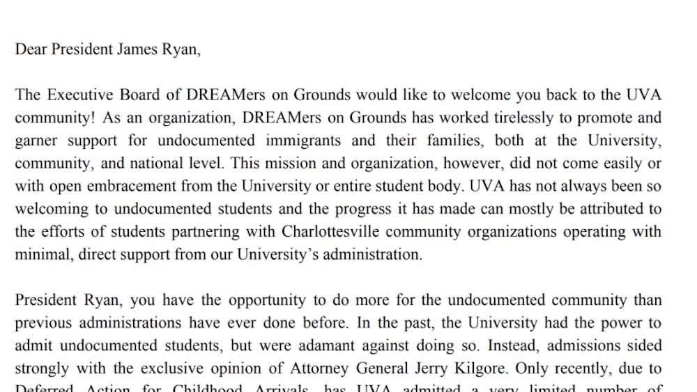 DREAMers on Grounds sent the letter on Nov. 19.&nbsp;