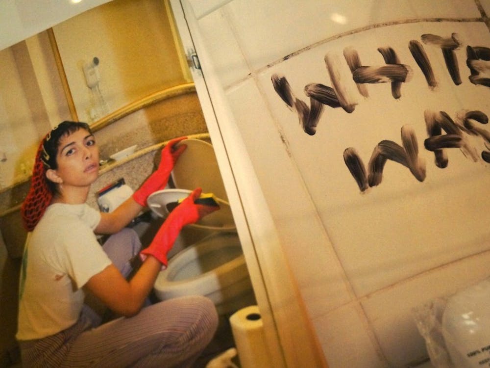 "White Wash," a page from the magazine "Indigenous Woman" by Martine Gutierrez, pictured here on display in the Fralin.