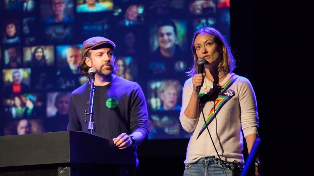 Actress Olivia Wilde (right) is Cockburn's daughter and actor Jason Sudeikis (left) is Wilde's fiancé.&nbsp;