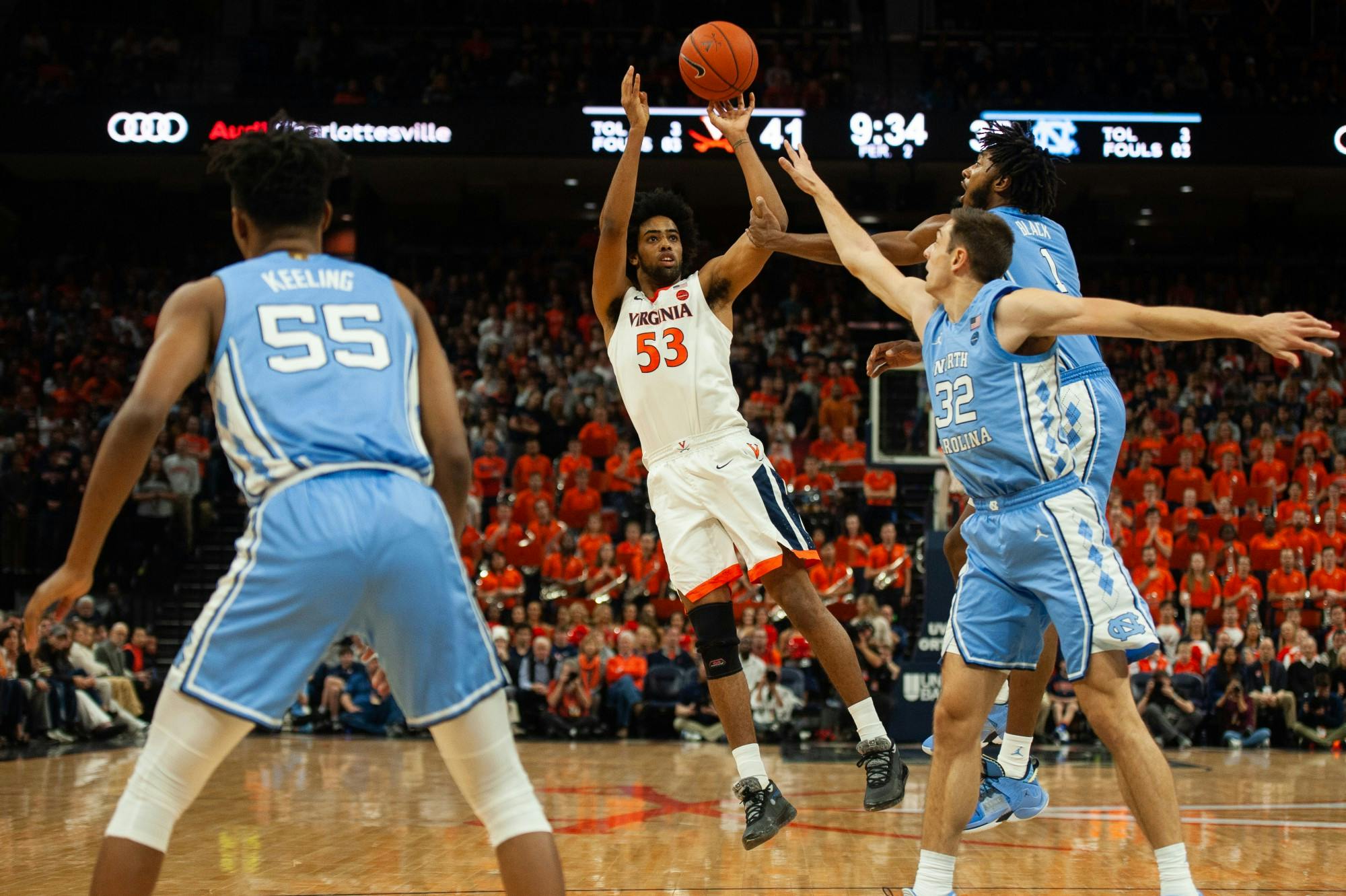 Junior guard Tomas Woldetensae scored 11 points for the Cavaliers in the victory.