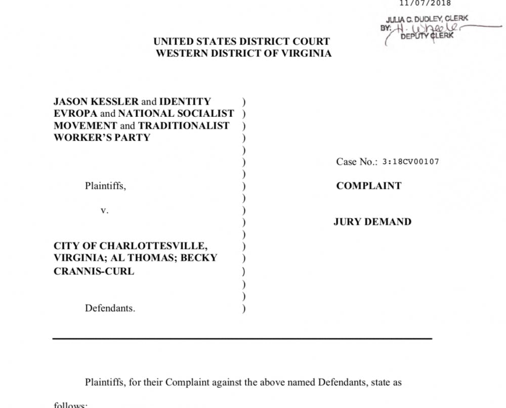 Jason Kessler and three white supremacist organizations sued the City Wednesday.