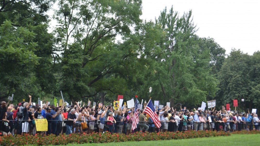 Thousands of counterprotesters assembled in Lafayette Park in Washington, D.C. opposition to "Unite the Right 2."