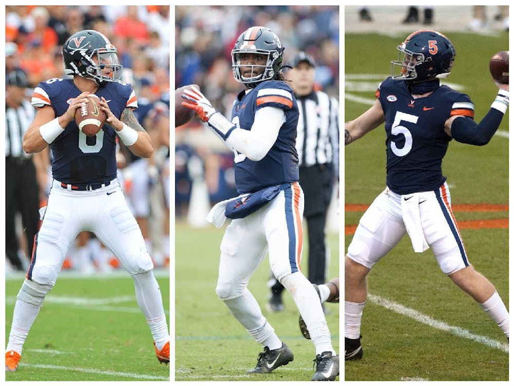 Over the last five seasons, just three players have held the title of Virginia football’s first-choice quarterback — Kurt Benkert (left), Bryce Perkins (middle) and Brennan Armstrong (right).